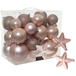 Decoris Pakket 32x stuks kunststof kerstballen en sterren ornamenten lichtroze -