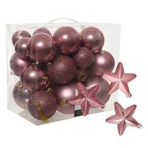 Decoris Pakket 32x stuks kunststof kerstballen en sterren ornamenten oud roze -