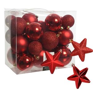 Decoris Pakket 32x stuks kunststof kerstballen en sterren ornamenten rood -
