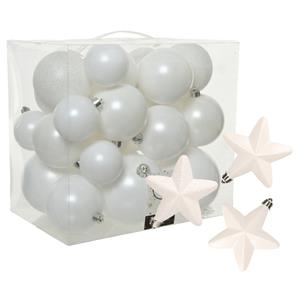 Decoris Pakket 32x stuks kunststof kerstballen en sterren ornamenten wit -