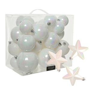 Decoris Pakket 32x stuks kunststof kerstballen en sterren ornamenten wit parelmoer -