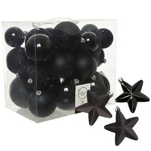 Decoris Pakket 32x stuks kunststof kerstballen en sterren ornamenten zwart -