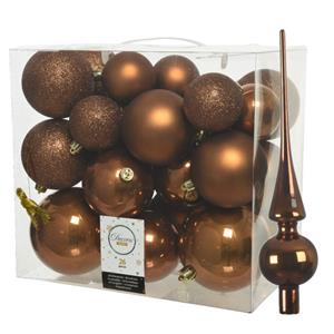 Decoris Set van 26x stuks kunststof kerstballen incl. glazen piek glans kaneel bruin -