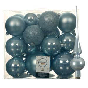 Decoris Set van 26x stuks kunststof kerstballen incl. glazen piek glans lichtblauw -