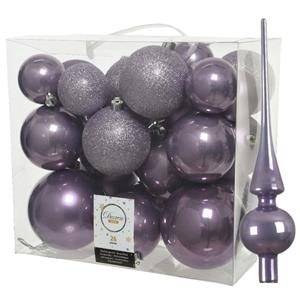 Decoris Set van 26x stuks kunststof kerstballen incl. glazen piek glans lila paars -