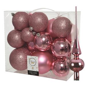 Decoris Set van 26x stuks kunststof kerstballen incl. glazen piek glans lippenstift roze -