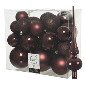 Decoris Set van 26x stuks kunststof kerstballen incl. glazen piek glans mahonie bruin -
