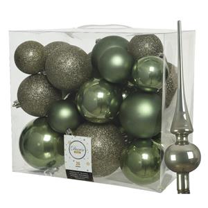 Decoris Set van 26x stuks kunststof kerstballen incl. glazen piek glans mosgroen -