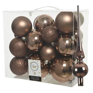 Decoris Set van 26x stuks kunststof kerstballen incl. glazen piek glans walnoot bruin -