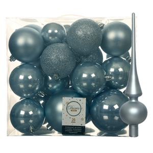 Decoris Set van 26x stuks kunststof kerstballen incl. glazen piek mat lichtblauw -