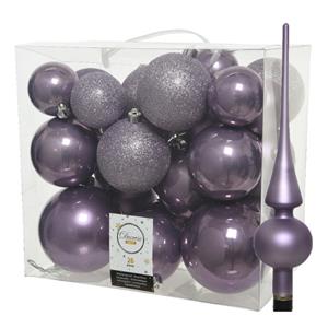 Decoris Set van 26x stuks kunststof kerstballen incl. glazen piek mat lila paars -
