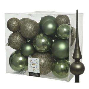 Decoris Set van 26x stuks kunststof kerstballen incl. glazen piek mat mosgroen -