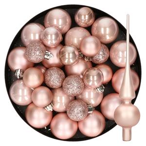 Decoris Kerstversiering kunststof kerstballen met piek lichtroze 6-8-10 cm pakket van 42x stuks -