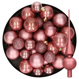 Decoris Kerstversiering kunststof kerstballen met piek oud roze 6-8-10 cm pakket van 42x stuks -
