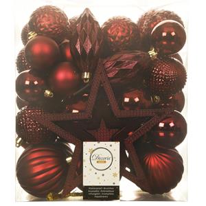 Decoris Set 66x stuks kunststof kerstballen met ster piek donkerrood -