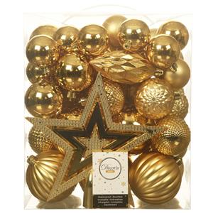 Decoris Set 66x stuks kunststof kerstballen met ster piek goud -