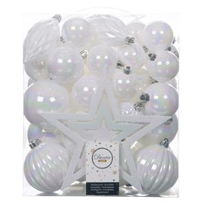 Decoris Set 66x stuks kunststof kerstballen met ster piek parelmoer wit -