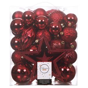 Decoris Set 66x stuks kunststof kerstballen met ster piek rood -