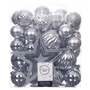 Decoris Set 66x stuks kunststof kerstballen met ster piek zilver -