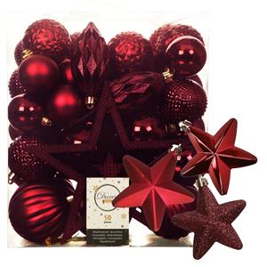 Decoris 56x stuks kunststof kerstballen en ornamenten met ster piek donkerrood -