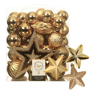 Decoris 56x stuks kunststof kerstballen en ornamenten met ster piek goud -