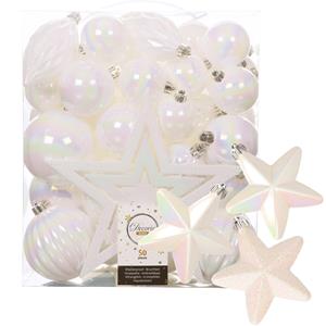Decoris 56x stuks kunststof kerstballen en ornamenten met ster piek parelmoer wit -