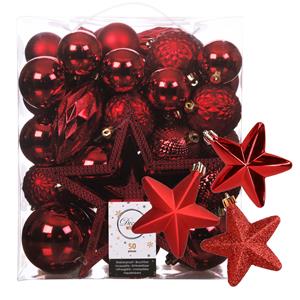 Decoris 56x stuks kunststof kerstballen en ornamenten met ster piek rood -