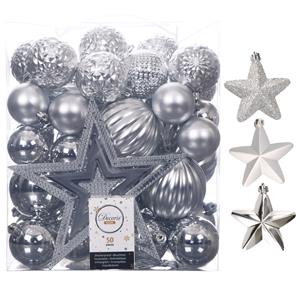 Decoris 56x stuks kunststof kerstballen en ornamenten met ster piek zilver -