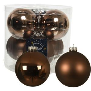 Decoris 12x stuks glazen kerstballen walnoot bruin 10 cm mat/glans -
