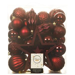 Decoris Set van 55x stuks kunststof kerstballen incl. ster piek donkerrood -