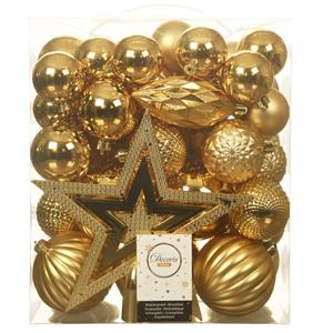 Decoris Set van 55x stuks kunststof kerstballen incl. ster piek goud -