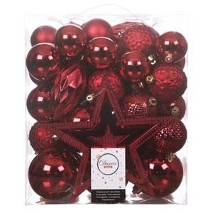 Decoris Set van 55x stuks kunststof kerstballen incl. ster piek rood -