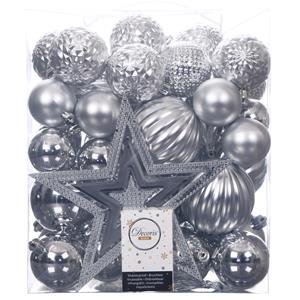 Decoris Set van 55x stuks kunststof kerstballen incl. ster piek zilver -