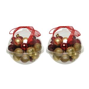 Decoris 60x stuks kleine kunststof kerstballen rood/donkerrood/goud 3 cm -
