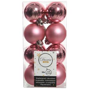 Decoris 16x stuks kunststof kerstballen lippenstift roze 4 cm glans/mat -