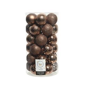 Decoris 74x stuks kunststof kerstballen walnoot bruin 6 cm glans/mat/glitter mix -