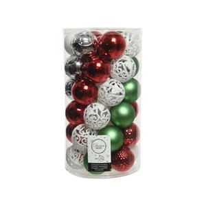 Decoris 74x stuks kunststof kerstballen wit/rood/groen/zilver mix 6 cm -