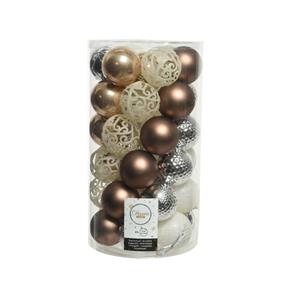 Decoris 74x stuks kunststof kerstballen wit/zilver/bruin mix 6 cm -