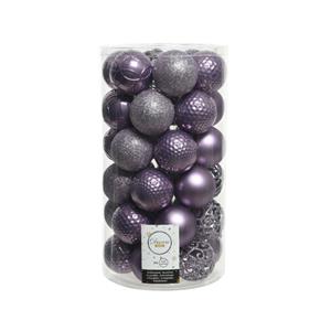 Decoris 74x stuks kunststof kerstballen heide lila paars 6 cm glans/mat/glitter mix -