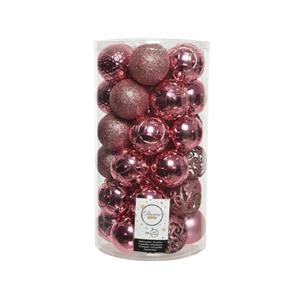 Decoris 74x stuks kunststof kerstballen lippenstift roze 6 cm glans/mat/glitter mix -