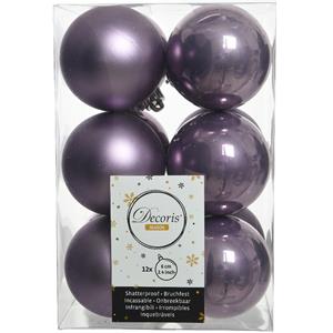 Decoris 12x stuks kunststof kerstballen heide lila paars 6 cm glans/mat -