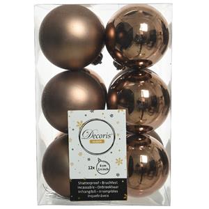 Decoris 12x stuks kunststof kerstballen walnoot bruin 6 cm glans/mat -