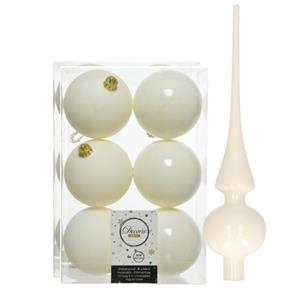 Decoris Set van 12x stuks kunststof kerstballen 8 cm en glazen piek wol wit -