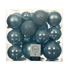 Decoris 52x stuks kunststof kerstballen lichtblauw 6-8-10 cm glans/mat/glitter -
