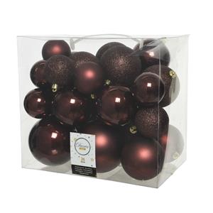 Decoris 52x stuks kunststof kerstballen mahonie bruin 6-8-10 cm glans/mat/glitter -