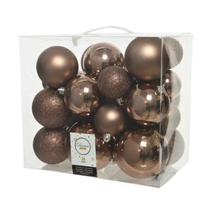 Decoris 52x stuks kunststof kerstballen walnoot bruin 6-8-10 cm glans/mat/glitter -