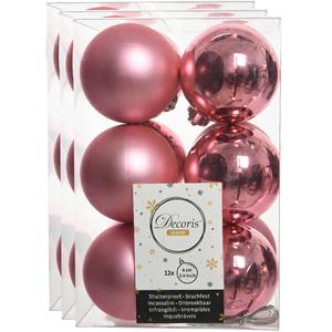 Decoris 36x stuks kunststof kerstballen lippenstift roze 6 cm glans/mat -
