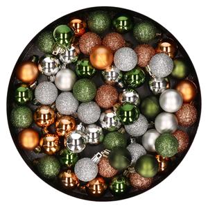 Cosy & Trendy Kleine kunststof kerstversiering 60x stuks set en 3 cm kerstballen in het zilver-koper-groen -