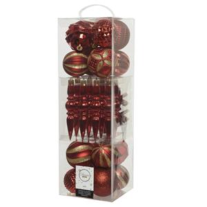 Decoris 60x stuks kunststof kerstballen en ornamenten rood mix -
