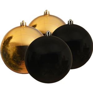 Decoris Kunststof kerstballen 4x stuks goud en zwart 14 cm -